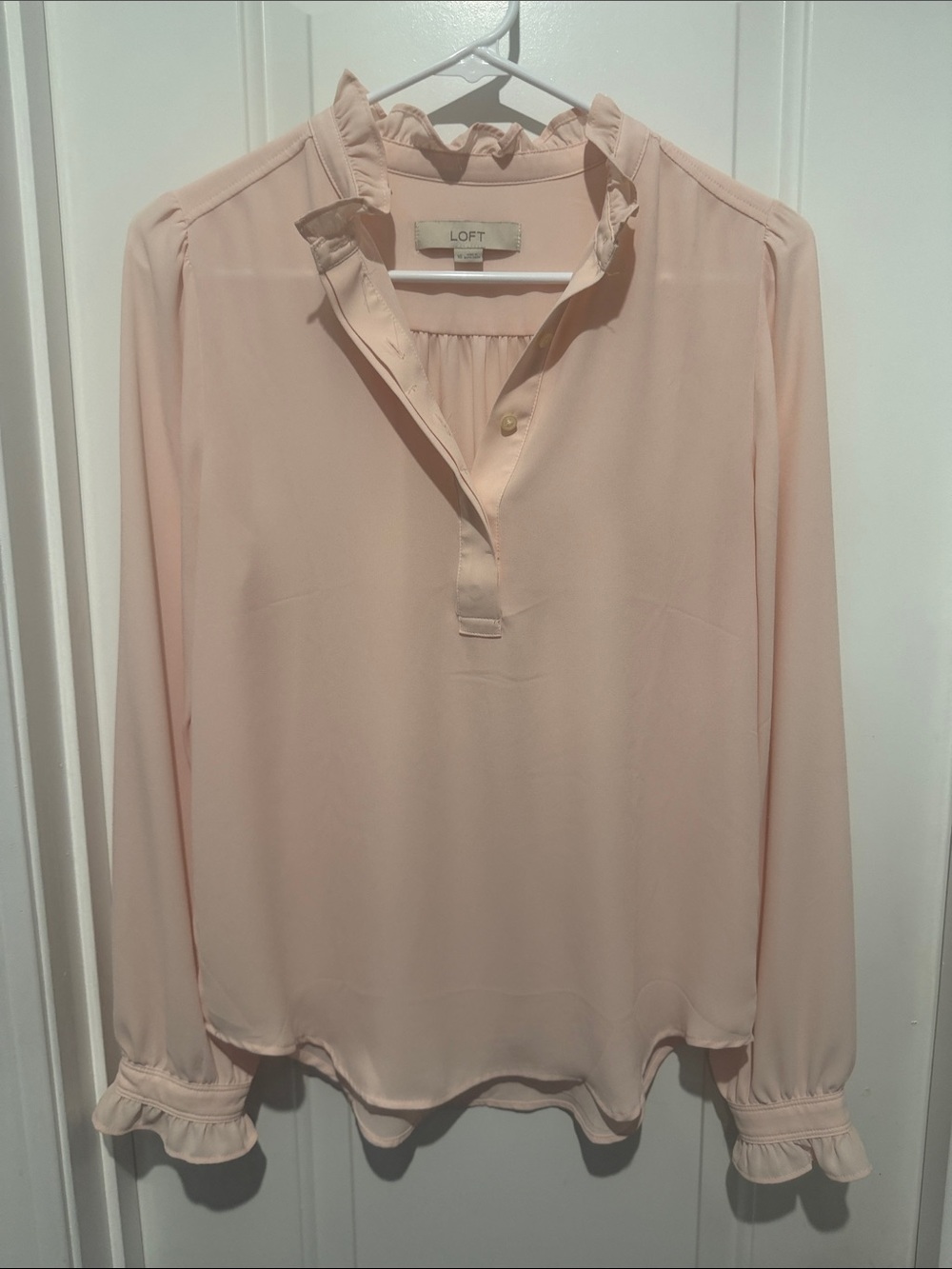 LOFT Pale Blush Ruffle-Trim Long Sleeve Blouse